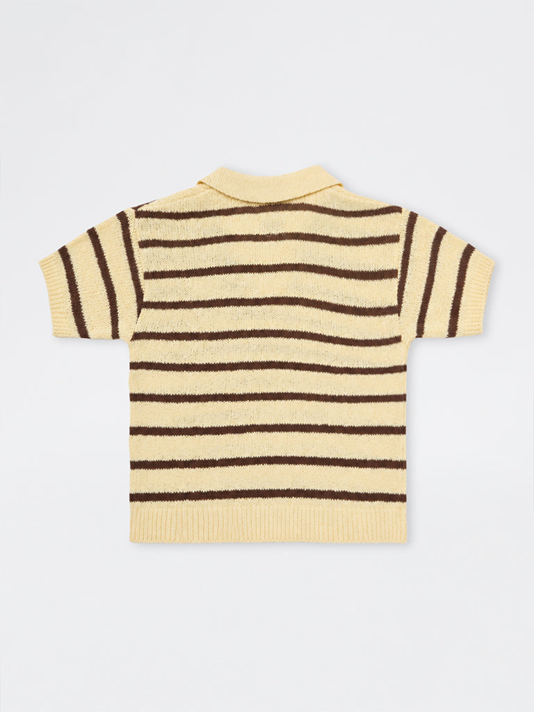HOP Kids Boys Yellow Striped Knitted Cotton-Blend T-Shirt