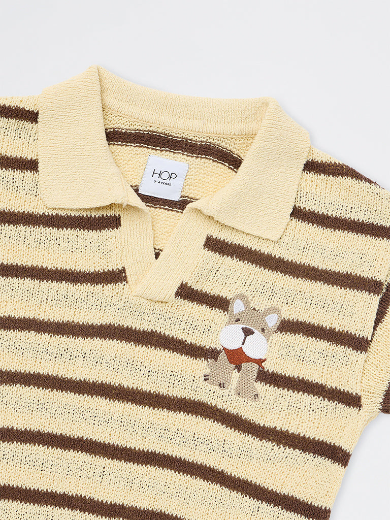 HOP Kids Boys Yellow Striped Knitted Cotton-Blend T-Shirt