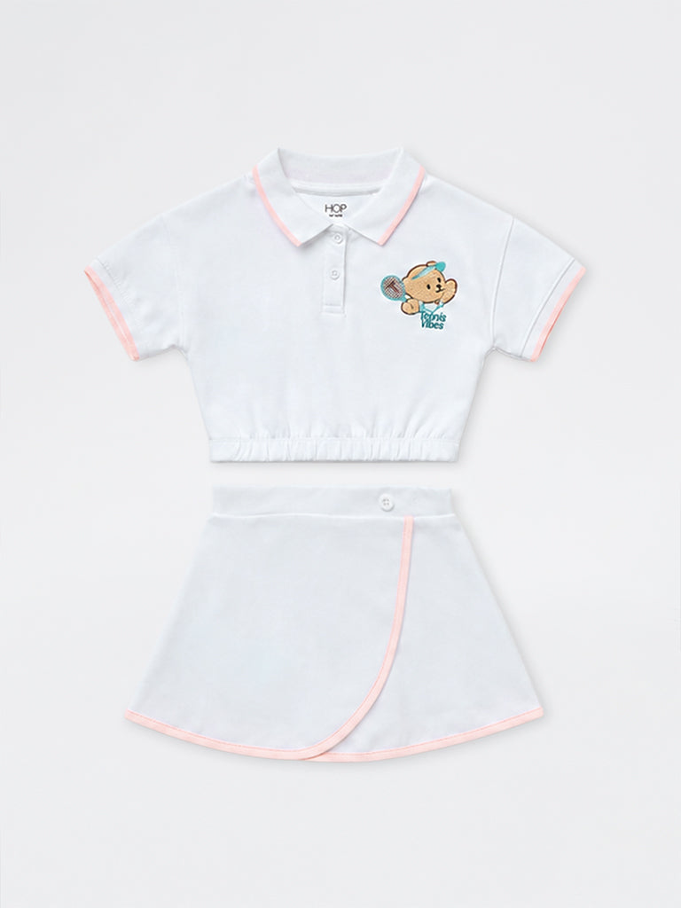 HOP Kids Girls White Bear Embroidered Polo T-Shirt and Skirt Set