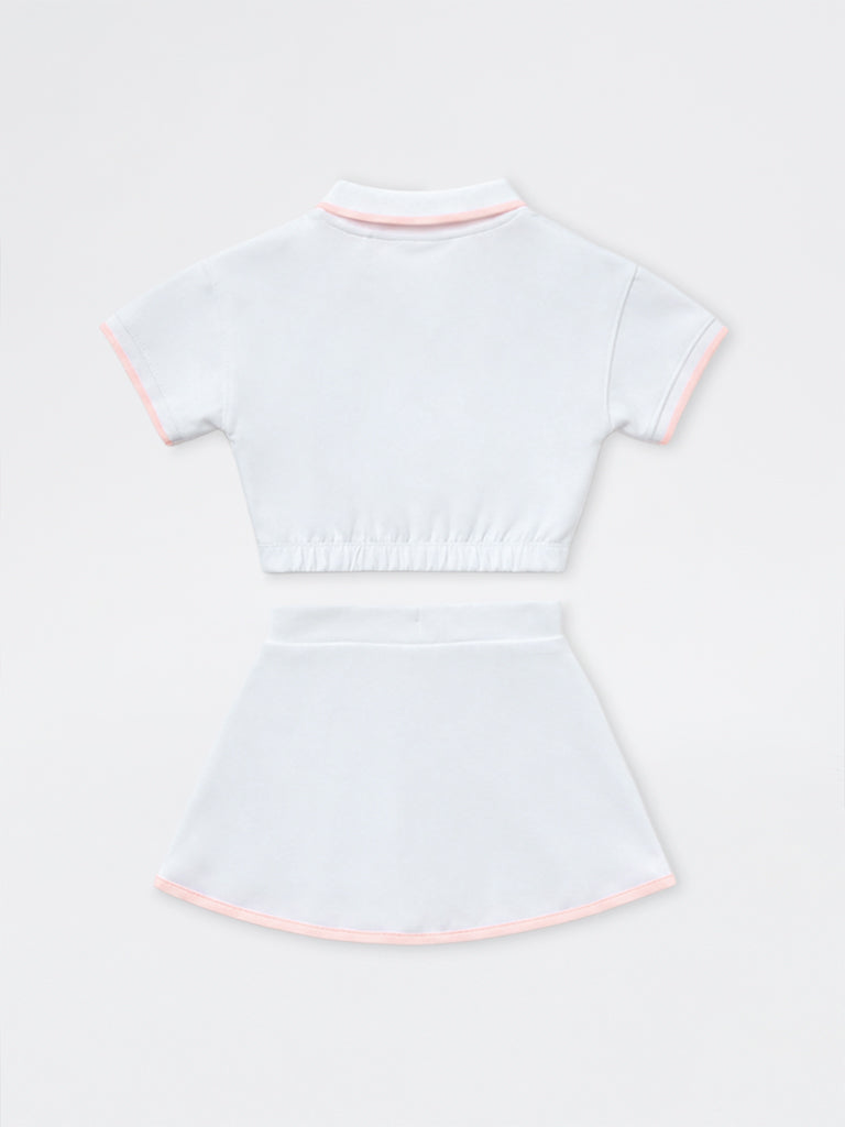 HOP Kids Girls White Bear Embroidered Polo T-Shirt and Skirt Set