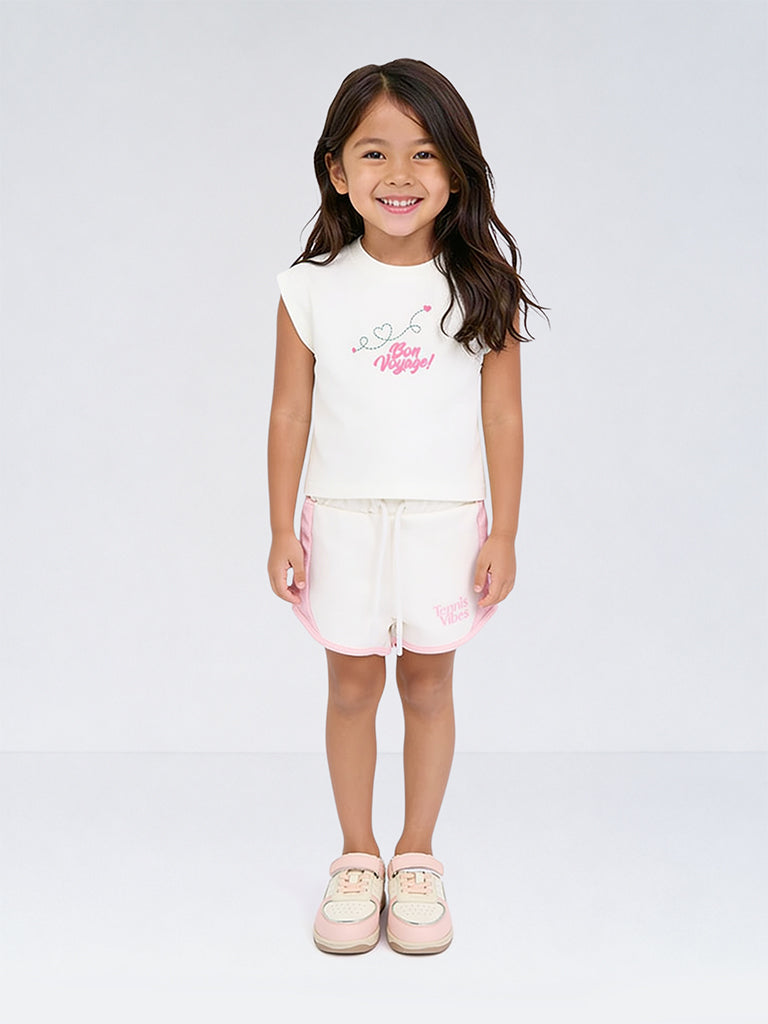 HOP Kids Girls White Colour-Blocked High-Rise Shorts