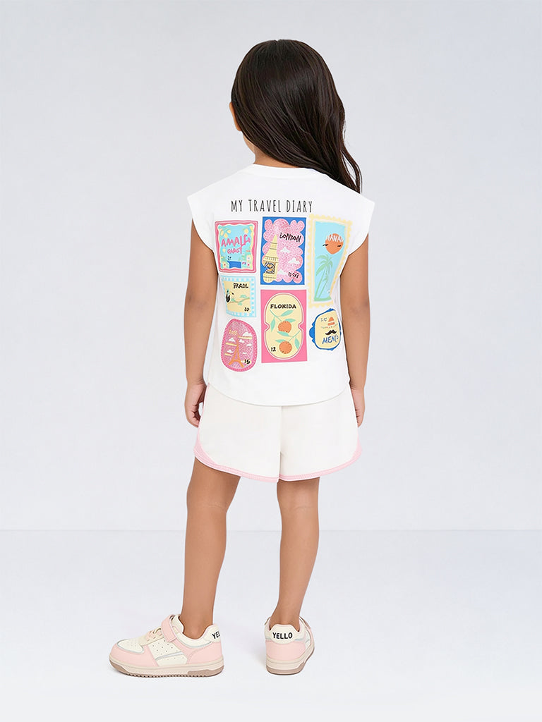 HOP Kids Girls White Colour-Blocked High-Rise Shorts