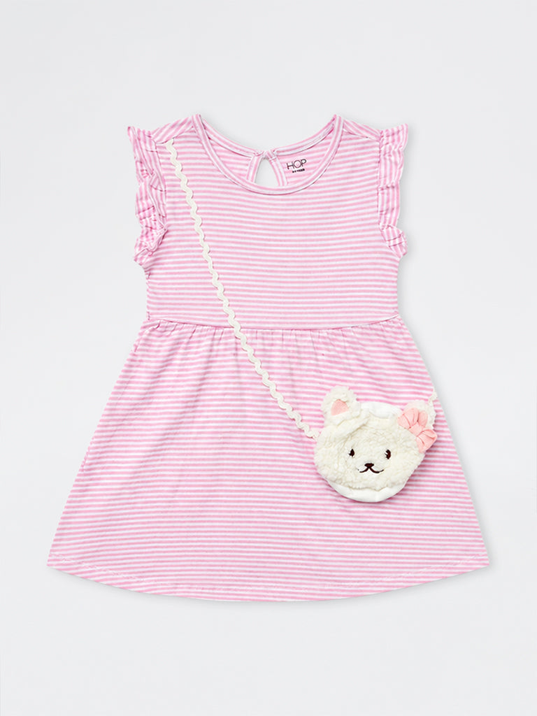 HOP Kids Girls Pink Striped Sling-Bag Detail Cotton A-Line Dress