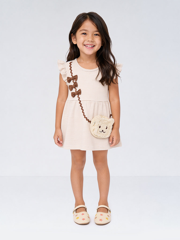 HOP Kids Girls Beige Striped Sling-Bag Design Cotton A-Line Dress