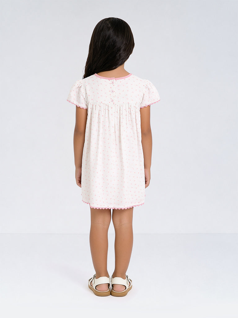 HOP Kids Girls Off-White Printed Cotton A-Line Dress