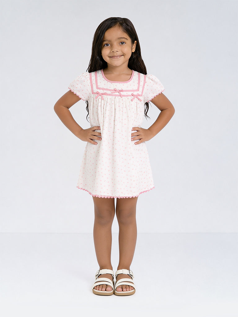 HOP Kids Girls Off-White Printed Cotton A-Line Dress