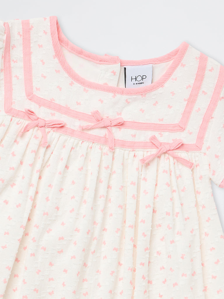HOP Kids Girls Off-White Printed Cotton A-Line Dress
