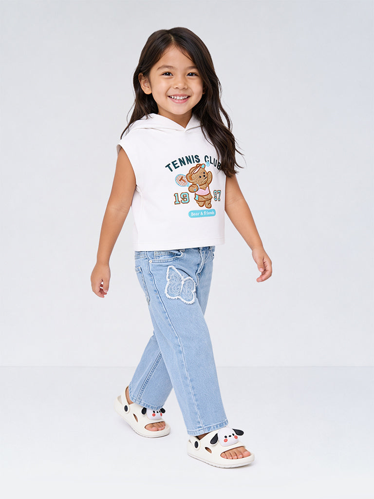 HOP Kids Girls Off-White Teddy Bear Embroidered Hoodie