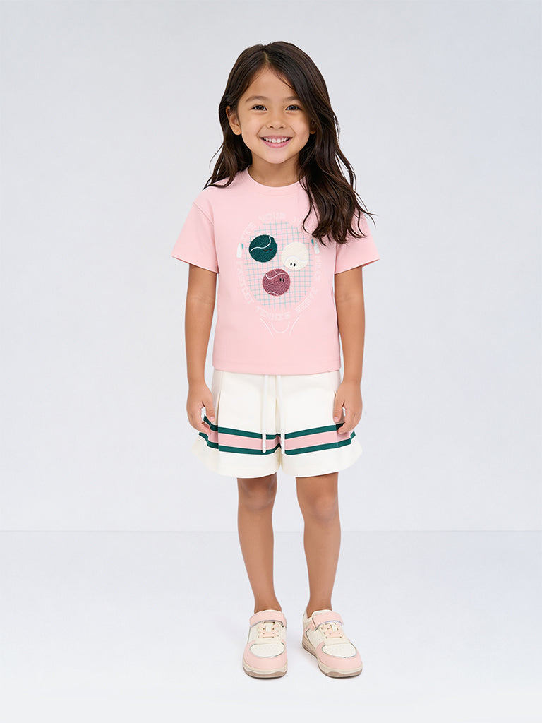 HOP Kids Girls Pink Tennis-Theme Cotton-Blend T-Shirt