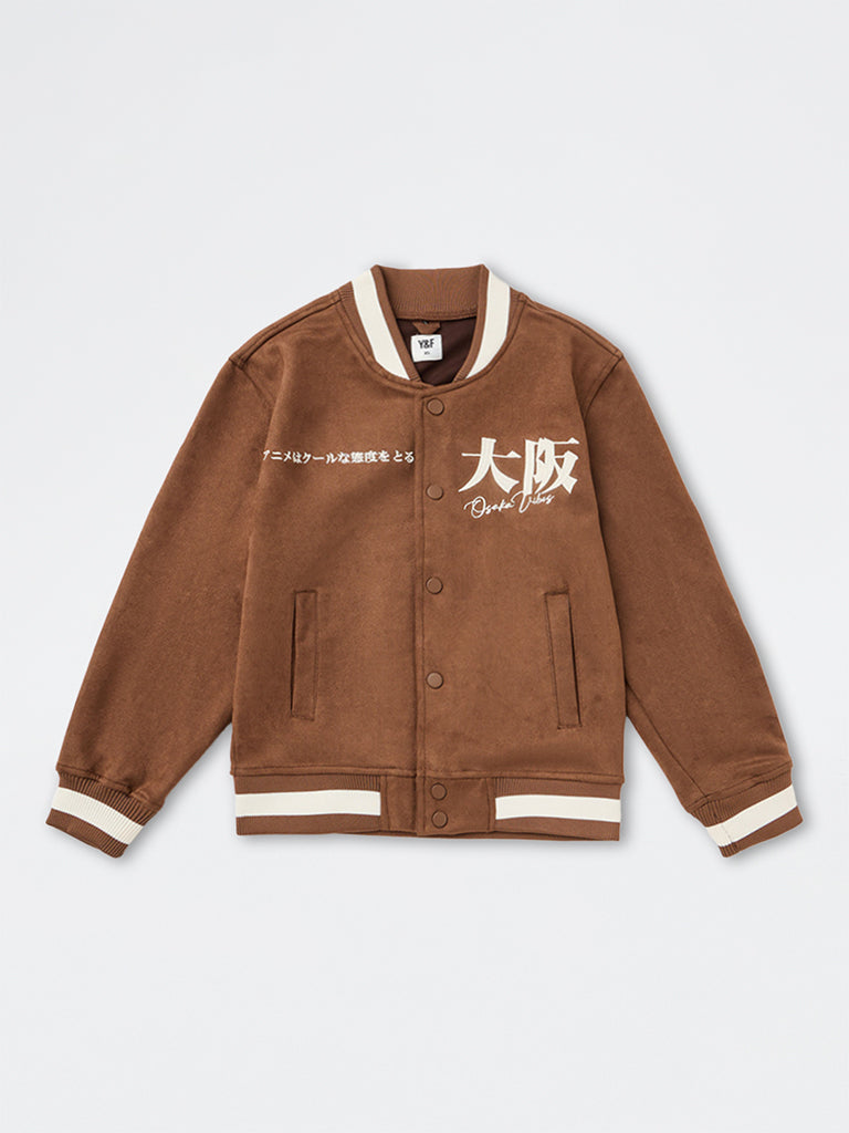 Boys Beige Text Design Varsity Jacket