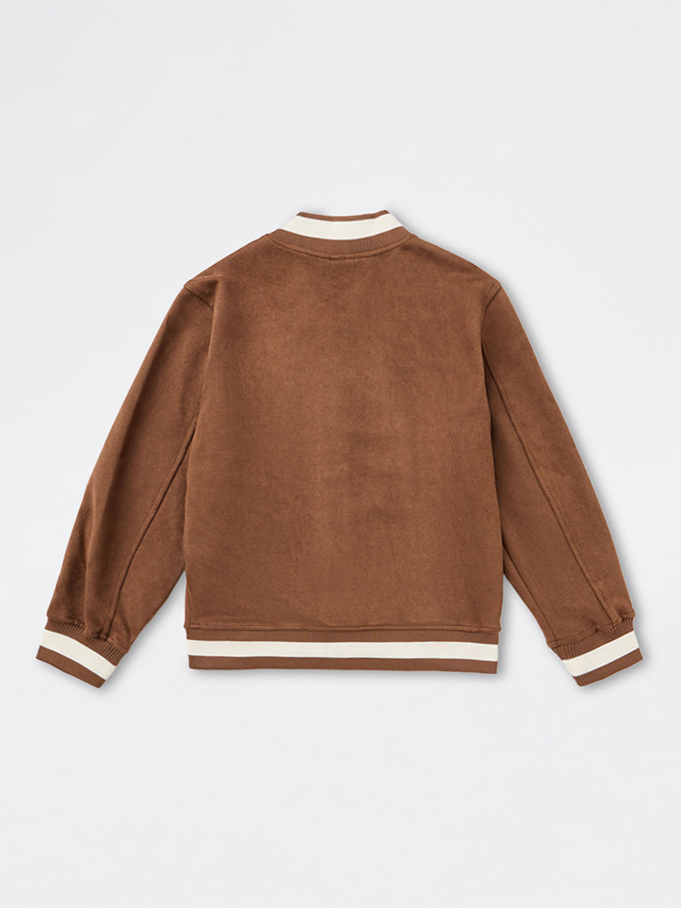 Boys Brown Japanese Embroidered Suede Varsity Jacket