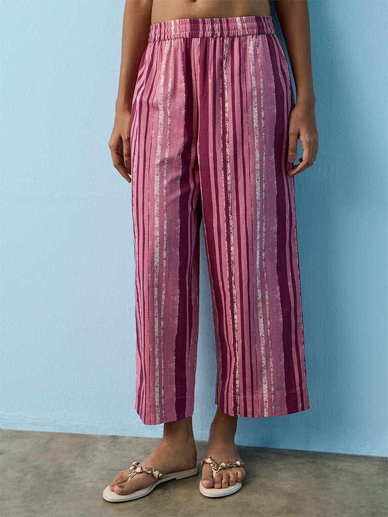 Utsa Pink Striped Cotton-Blend Pants