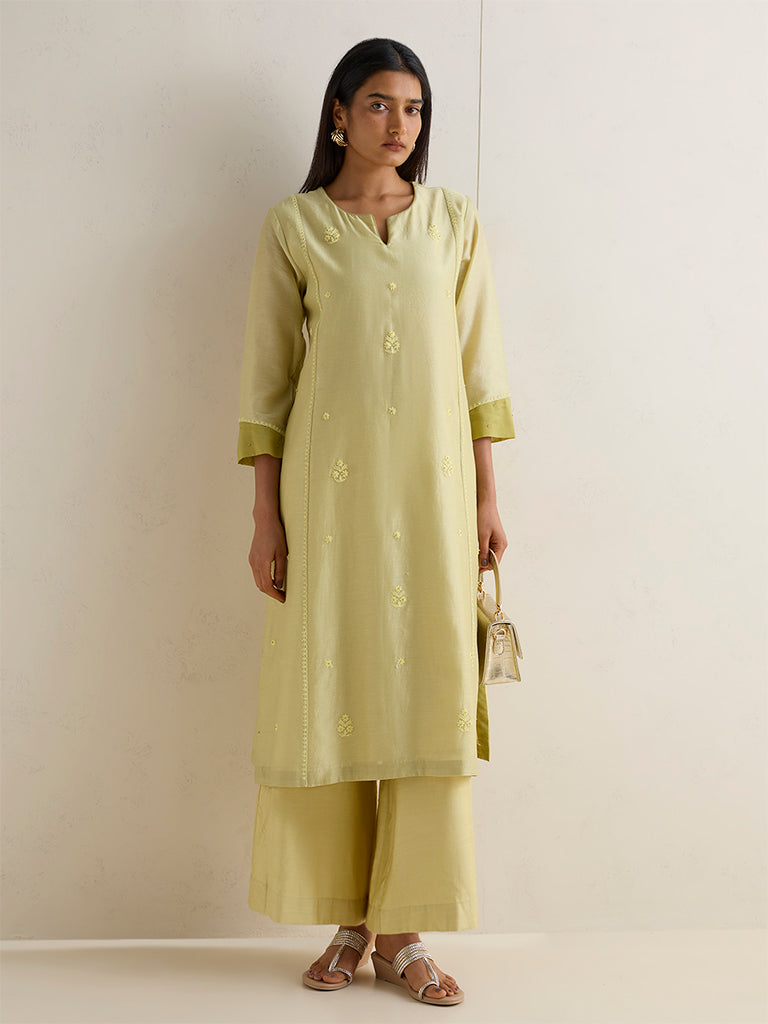 Zuba Lime Floral Embroidered Cotton-Blend A-Line Kurta
