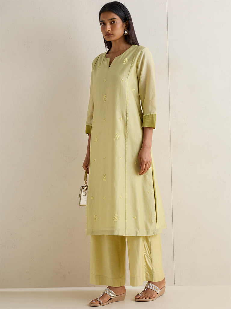 Zuba Lime Floral Embroidered Cotton-Blend A-Line Kurta