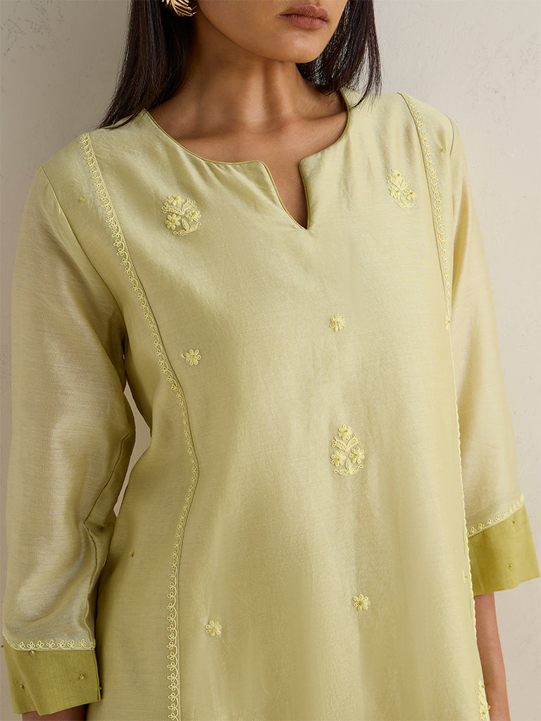 Zuba Lime Floral Embroidered Cotton-Blend A-Line Kurta