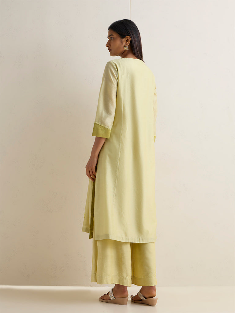 Zuba Lime Floral Embroidered Cotton-Blend A-Line Kurta
