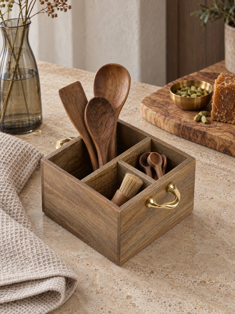 Westside Home Brown Wooden Caddy with Twisted Metal Handles