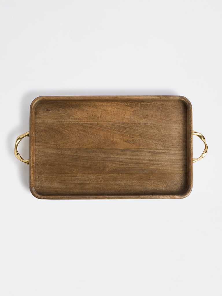 Westside Home Brown Wooden Rectangular Tray with Twisted Metal Handles