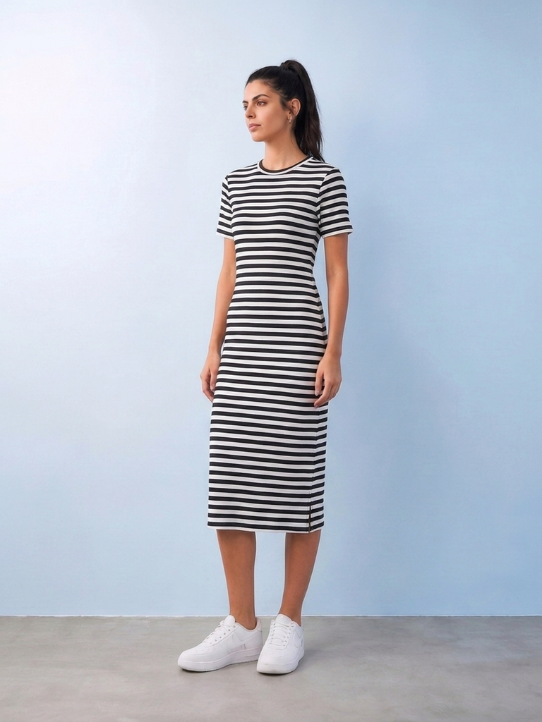 Nuoflexx Black Striped Cotton-Blend Bodycon Dress