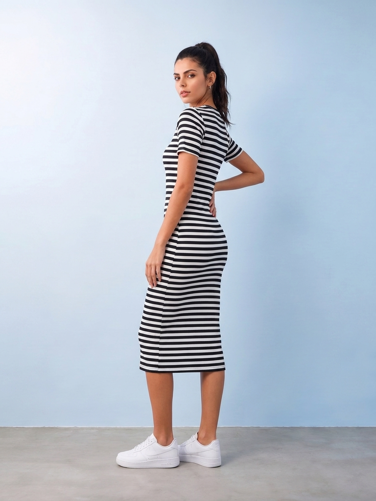 Nuoflexx Black Striped Cotton-Blend Bodycon Dress