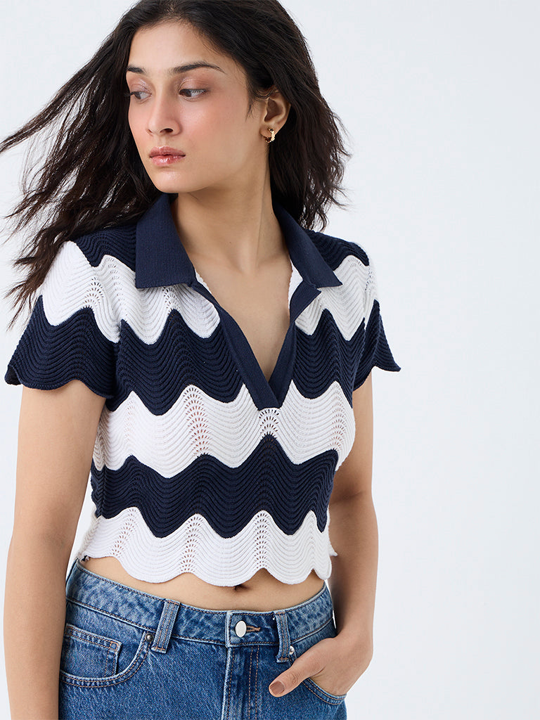 Nuon Navy Wavy Pattern Knitted T-Shirt