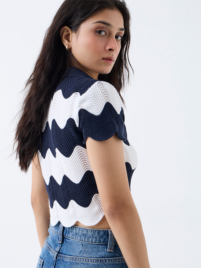 Nuon Navy Wavy Pattern Knitted T-Shirt
