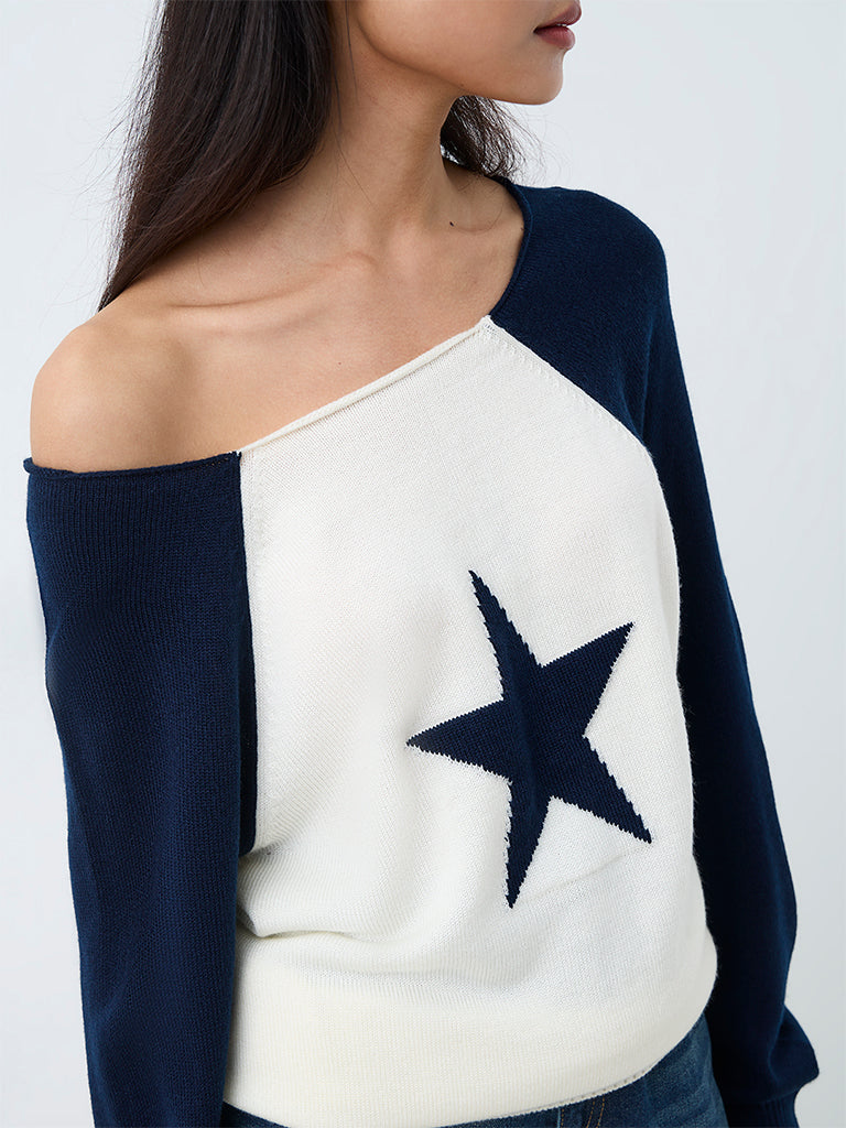 Nuon Navy Colour-Blocked One-Shoulder Sweater