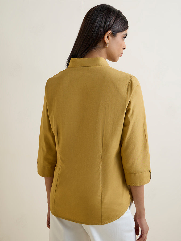Wardrobe Mustard Solid Cotton-Blend Shirt