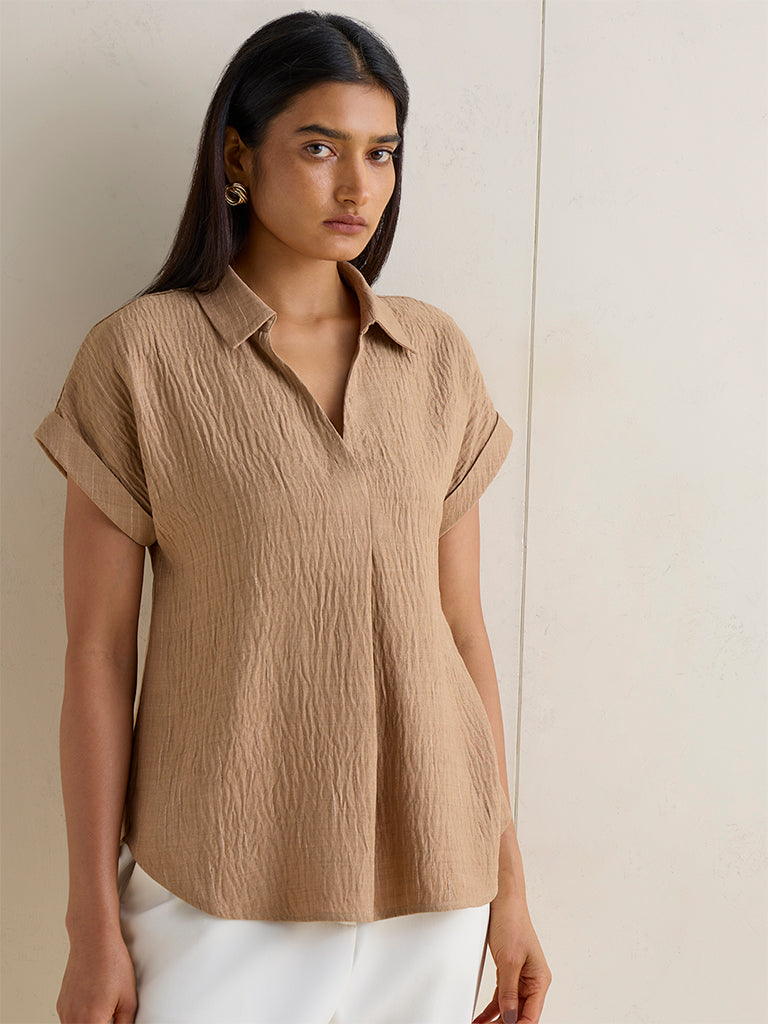 Wardrobe Beige Crinkled Cotton Blouse