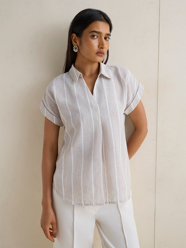 Wardrobe Light Taupe Striped Cotton Blouse