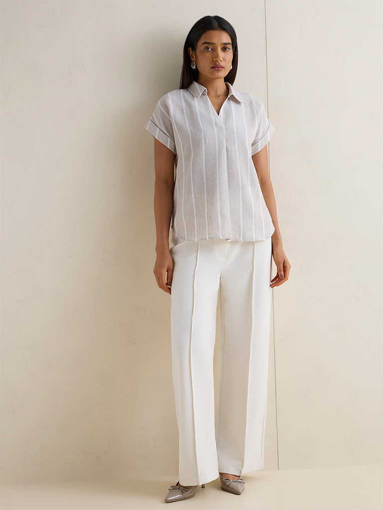 Wardrobe Light Taupe Striped Cotton Blouse