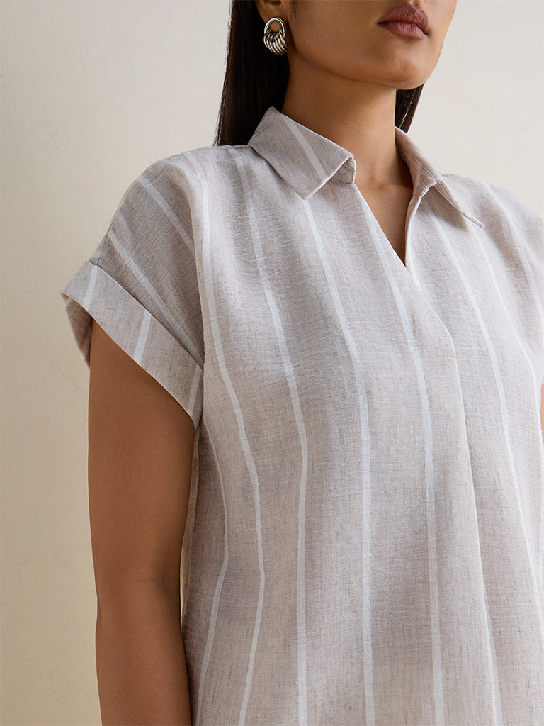 Wardrobe Light Taupe Striped Cotton Blouse