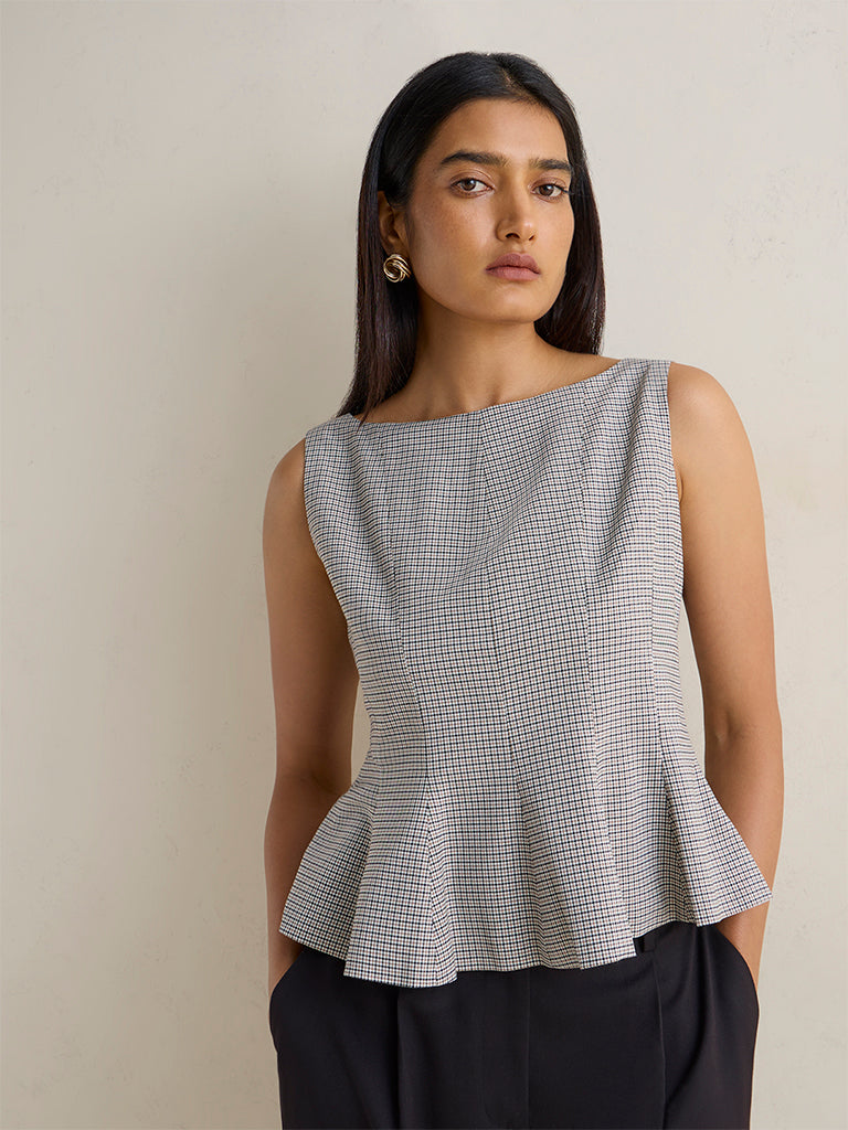 Wardrobe Beige and Black Houndstooth Printed Peplum Top