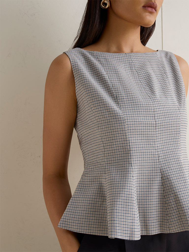 Wardrobe Beige and Black Houndstooth Printed Peplum Top