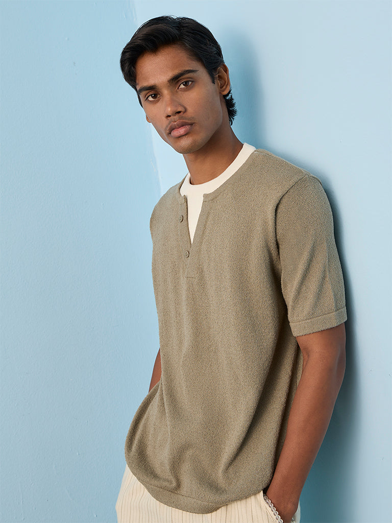 ETA Sage Green Textured Relaxed-Fit Cotton-Blend T-Shirt