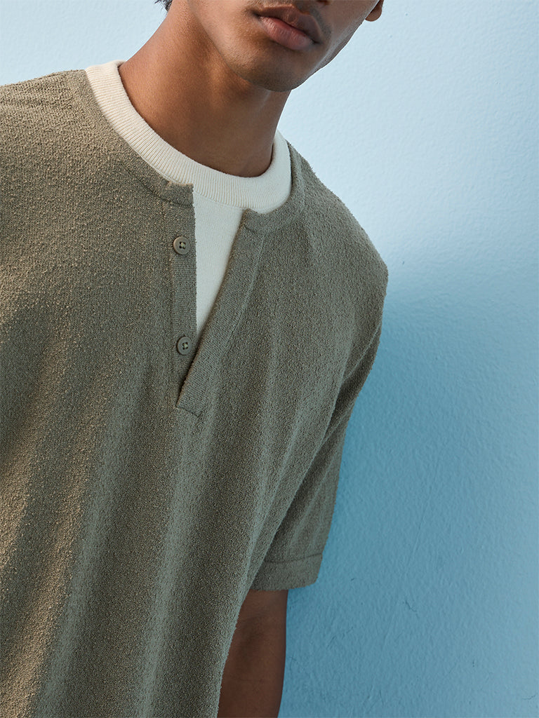 ETA Sage Green Textured Relaxed-Fit Cotton-Blend T-Shirt