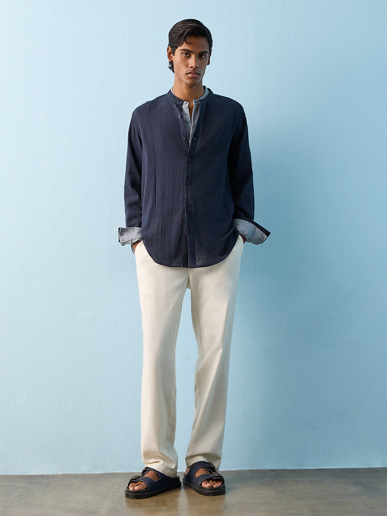 ETA Navy Textured Relaxed-Fit Cotton Shirt