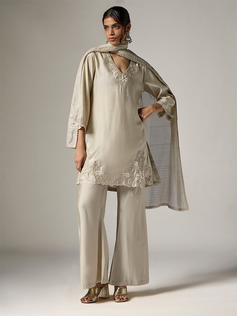 Vark Ivory Floral Embellished A-Line Ethnic Set
