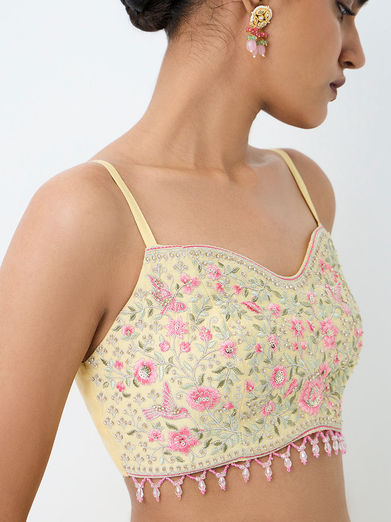 Vark Yellow Floral Embroidered Tassle-Detail Top