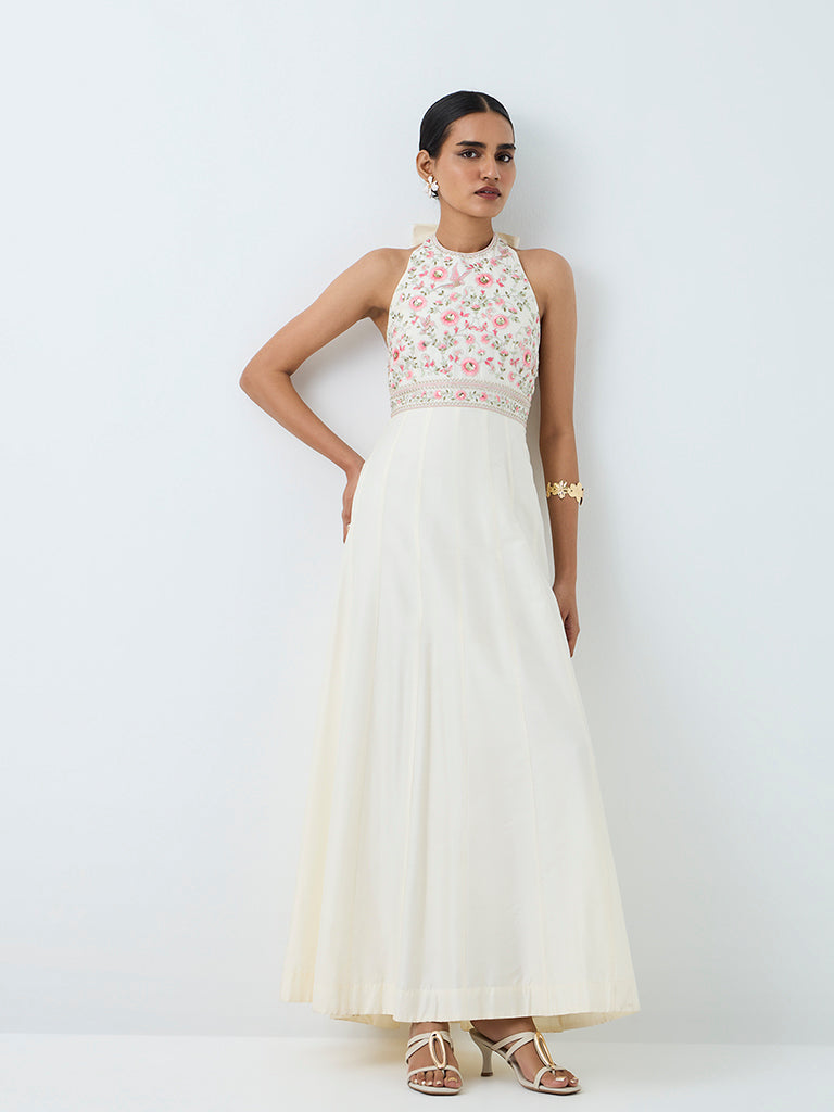 Vark Off-White Floral Embroidered A-Line Maxi Cotton Dress