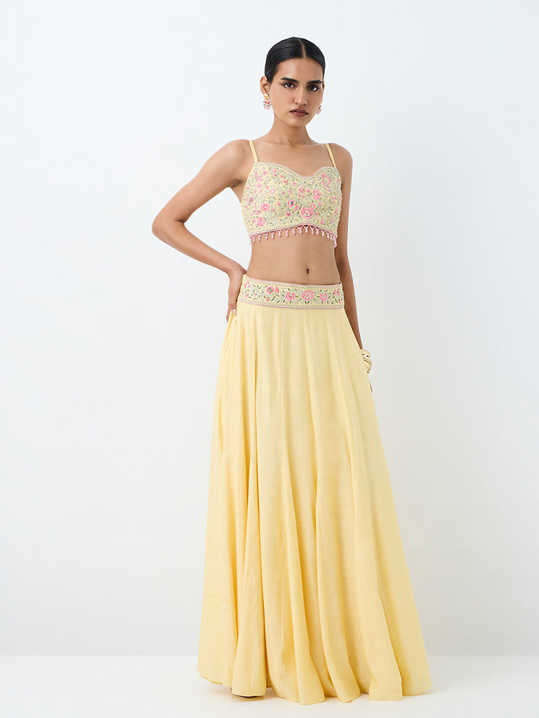 Vark Yellow Floral Embroidered Cotton Maxi Skirt
