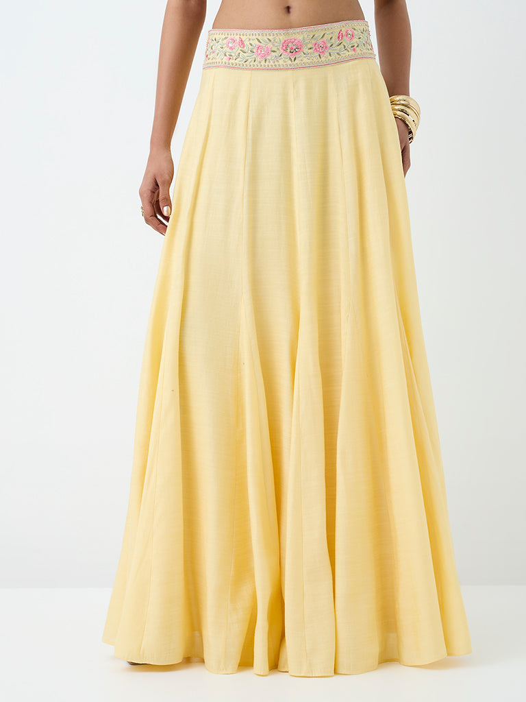 Vark Yellow Floral Embroidered Cotton Maxi Skirt