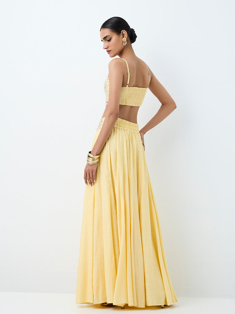 Vark Yellow Floral Embroidered Cotton Maxi Skirt