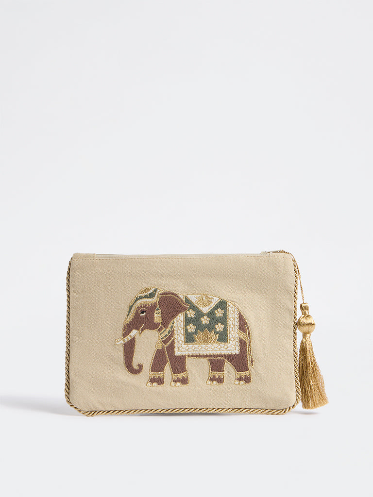 Westside Home Beige Heritage Elephant Embroidered Pouch