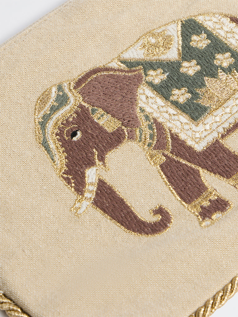 Westside Home Beige Heritage Elephant Embroidered Pouch