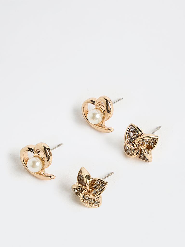 Westside Accessories Gold Heart and Flower Stud Earrings - Pack of 2