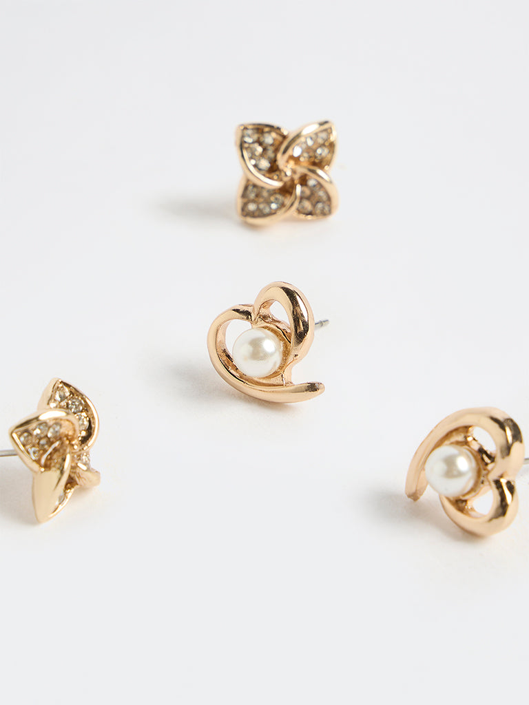 Westside Accessories Gold Heart and Flower Stud Earrings - Pack of 2