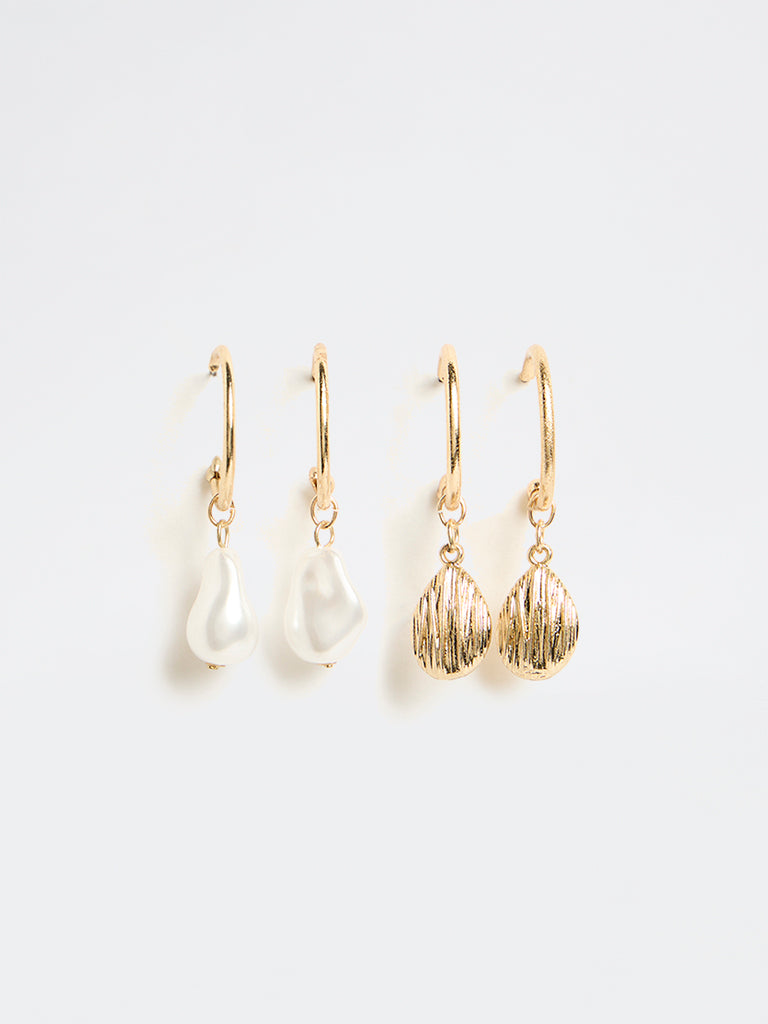 Westside Accessories Gold and White Charms and Pearls Hoop Earrings (Pack of 2)