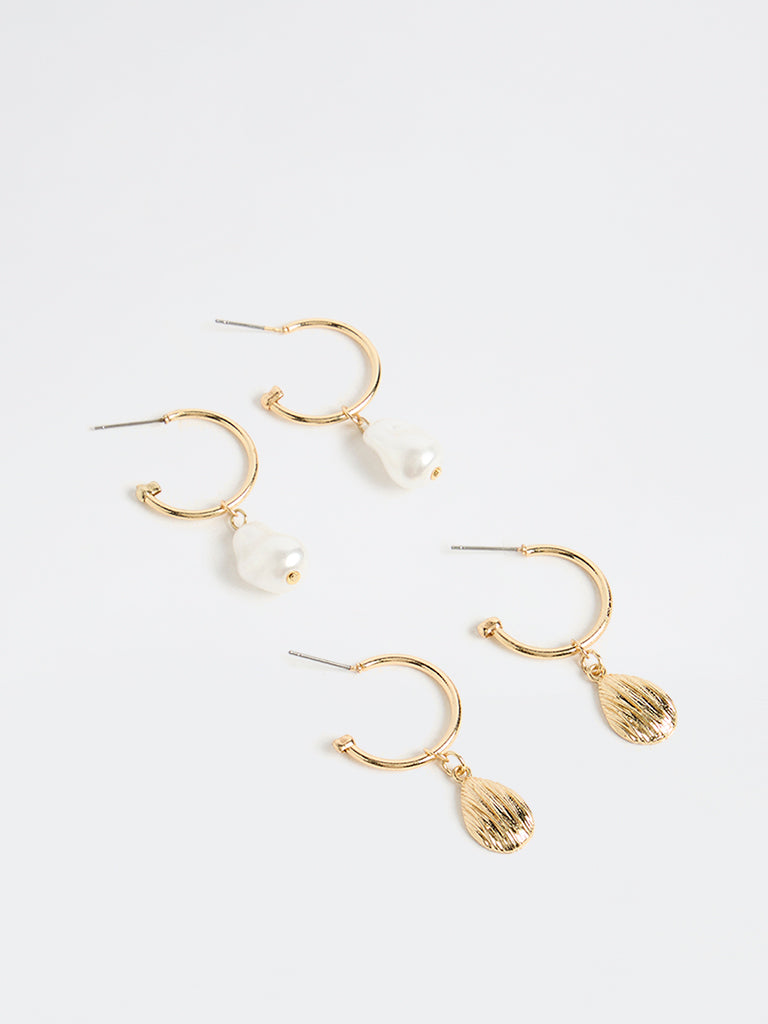 Westside Accessories Gold and White Charms and Pearls Hoop Earrings (Pack of 2)