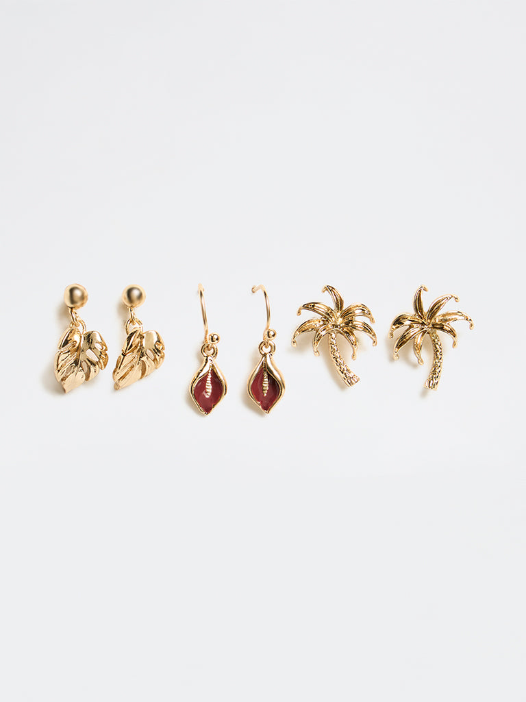 Westside Accessories Gold Botanical Design Stud and Dangle Earrings - Pack of 3